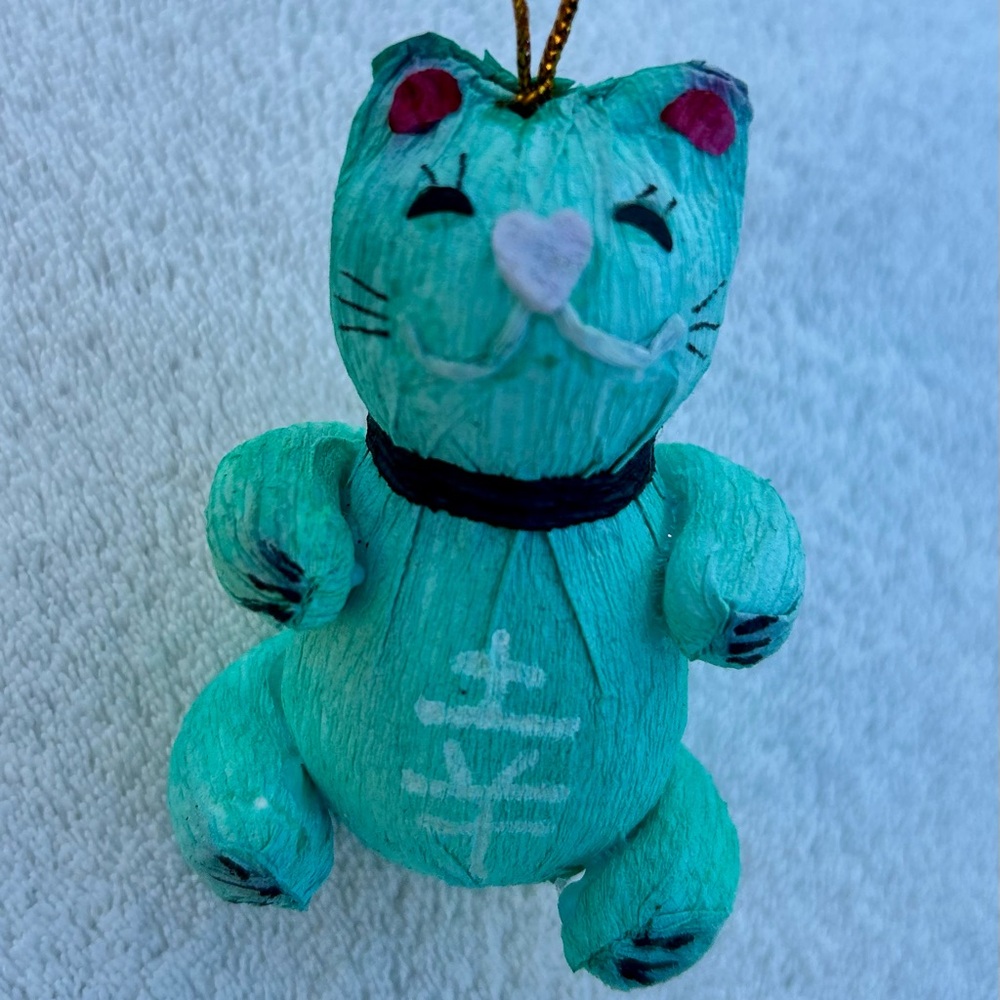 World Market Cat Ornament Paper Mache Asian Kitty Blue New